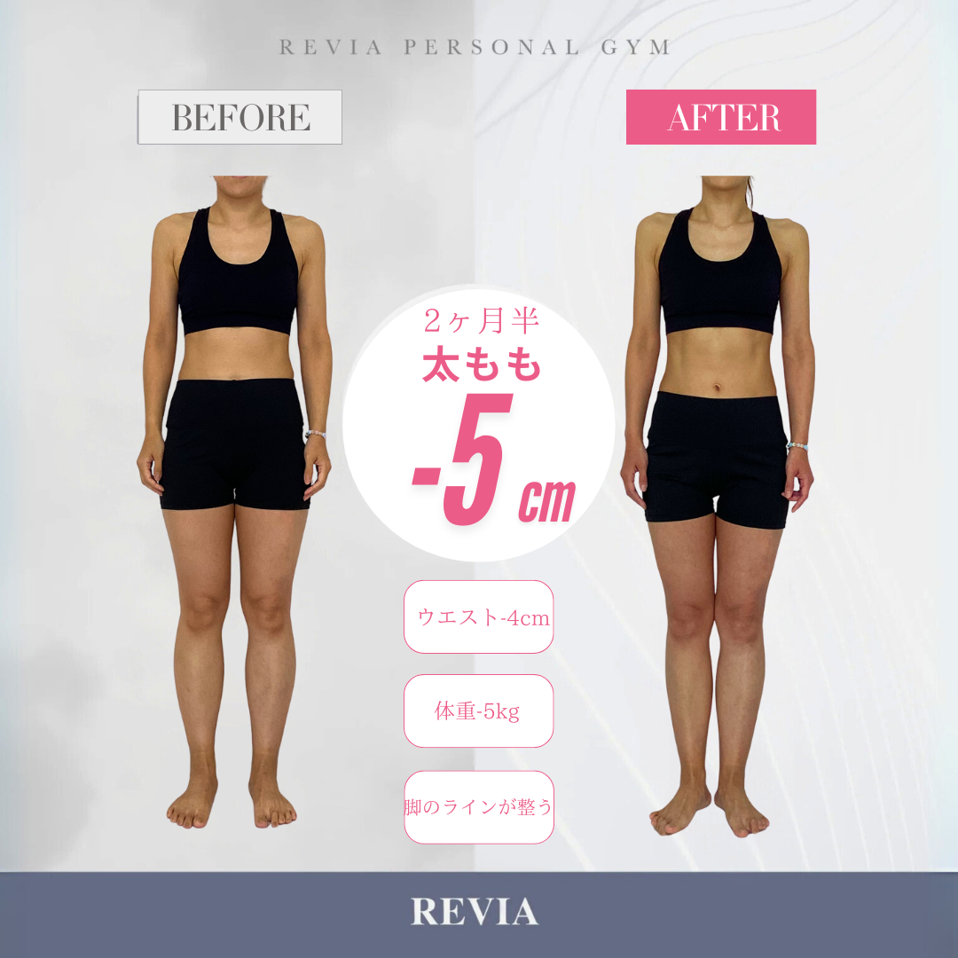 女性専門パーソナルジムREVIAつくば店【ビフォーアフター】40代女性が2ヶ月半で太もも−5cm！見た目がグッと変わった感動ストーリー
